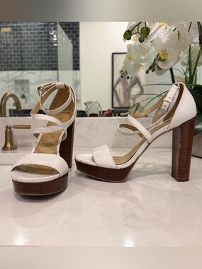 MICHAEL Michael Kors White Strappy Platform Sandals with Brown Wood-Look Heel